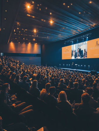 Attendees gather in a sleek conference hall to participate in discussions while viewing key messages displayed on modern screens in a professional environment.の素材