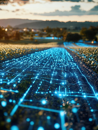 Floating holographic displays of crop yield data illuminate rural farmland, merging technology with agriculture at sunset, enhancing productivity and insights.の素材