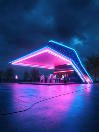 Modern gas station with glowing blue and pink neon lights stands out at night, featuring a sleek metallic design and a vibrant cyberpunk atmosphere.の素材