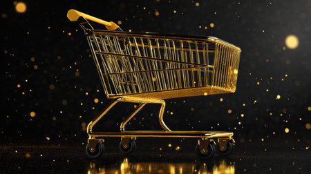 A stunning golden grocery cart in a luxurious black and gold design showcases elegant textures and sophistication in a chic setting.の素材