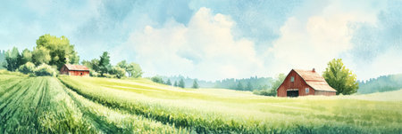 Captivating depiction of a traditional farm featuring green fields, a rustic barn, and a serene blue sky, evoking nostalgia and simplicity.の素材