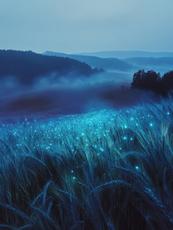 A dreamlike wheat field radiates glowing bioluminescence as soft mist blankets the landscape, creating an enchanting atmosphere at dusk.の素材