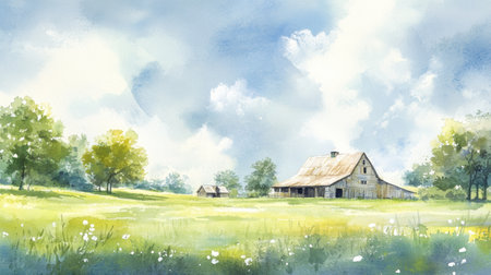 This artwork features a traditional farm with a rustic barn, surrounded by vibrant fields and gentle trees under a soft blue sky, evoking a sense of nostalgia.の素材