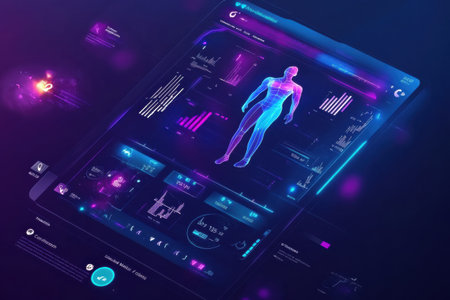 Holographic display vividly shows fitness tracking data including calorie count and weight loss progress with an engaging neon blue and purple design.の素材