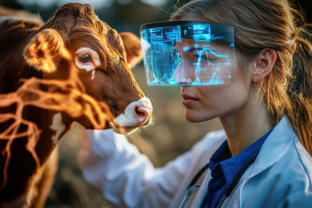 Veterinarian interacts with a cow while using augmented reality technology, displaying health data in a blend of natural surroundings and digital interface.の素材