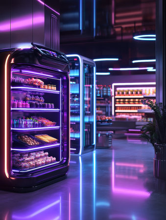 Inside a cutting-edge grocery store, AI robots assist shoppers amid sleek metallic designs and vibrant neon shelves, offering a high-tech food selection.の素材