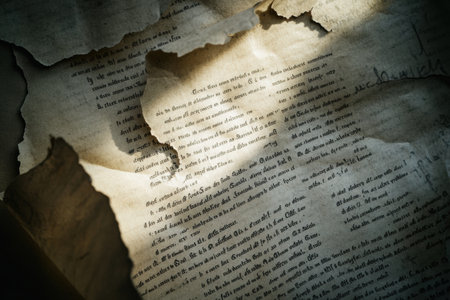 Torn pieces of a political document illuminated by dramatic lighting convey themes of protest, change, and the quest for transformation in society.の素材