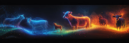Farm animals are outlined by glowing energy in a surreal and abstract setting, creating a dreamlike atmosphere with colorful gradients and soft curves.の素材
