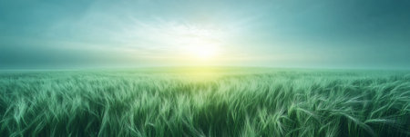 A captivating wheat field glows with bioluminescent energy, as soft mist rolls over the horizon, creating a surreal and dreamlike atmosphere at dawn.の素材