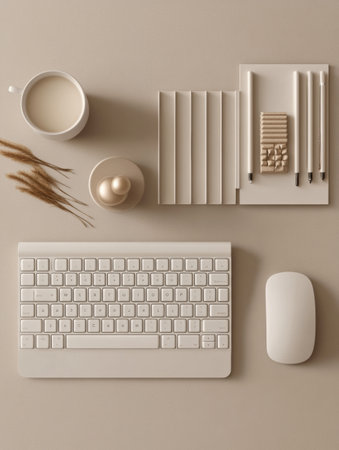Flat lay design featuring a sleek white keyboard alongside minimalistic office essentials, showing a clean and calming desk aesthetic in soft neutral tones.の素材