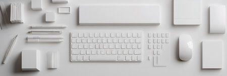 A flat lay features a sleek white keyboard and minimal office essentials on a tidy desk, exuding soft neutral tones for an organized workspace.の素材