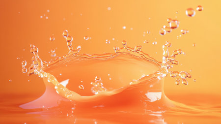 Fizzy soda droplets splash dramatically in mid-air, creating a captivating display of vibrant orange and red tones in a stunning ultra HD close-up.の素材