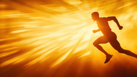Silhouette of a runner in motion, capturing the energy of the morning as golden sun rays illuminate the scene, inspiring fitness and determination.の素材