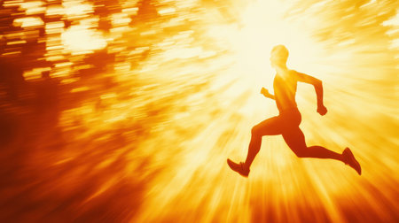 A runner sprints into the day as golden sunlight breaks through the horizon, creating a sense of motion and motivation in the early morning hours.の素材