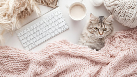 Cozy workspace showcases a sleek white keyboard and neutral office essentials arranged harmoniously, complemented by a warm blanket and a cup of coffeeの素材