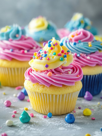 A variety of colorful cupcakes featuring neon icing and rainbow sprinkles are displayed in a vibrant bakery setting, tempting sugar lovers everywhere.の素材