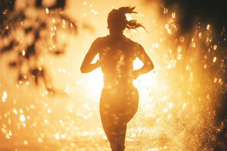 Silhouette of a runner in motion, sprinting against a backdrop of golden sunrise rays, embodying energy and inspiration in a beautiful morning setting.の素材