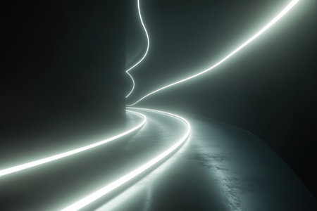 Softly glowing neon lines meander through a dark abstract environment, creating an elegant minimalist composition that evokes a futuristic atmosphere.の素材