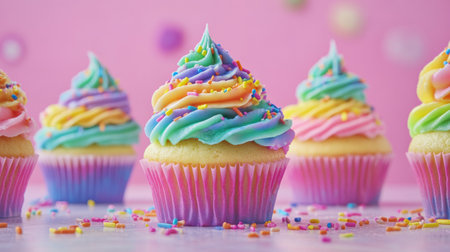 A close-up view of delightful cupcakes featuring bright neon icing and colorful sprinkles, showcasing a fun and lively bakery atmosphere.の素材