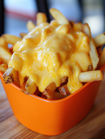 Enjoy a satisfying serving of crispy fries topped with a generous layer of delicious golden cheese sauce, perfect for sharing or indulging alone.の素材