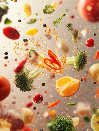 Fresh vegetables and fruits are suspended mid-air, creating a lively splash filled with intense colors and water droplets, celebrating healthy eating.の素材