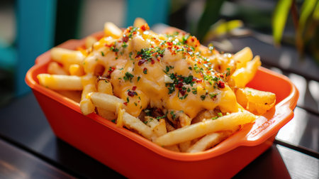 Delicious crispy fries smothered in golden cheese sauce inside a bright orange container, perfect for a snack at an outdoor cafe in the afternoon.の素材