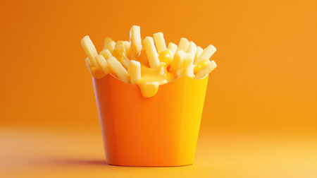 Generous serving of crispy fries drenched in rich cheese sauce showcases an appetizing treat perfect for snacking or sharing at any gatheringの素材