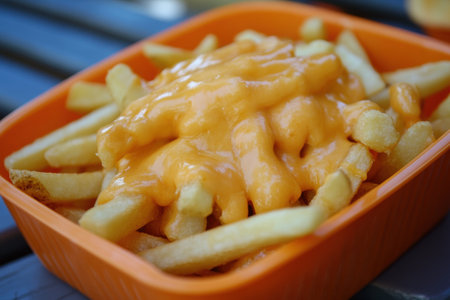 A generously serving of crispy fries is adorned with rich, melting golden cheese sauce, creating a vibrant and tempting dish perfect for lunchtime enjoyment.の素材