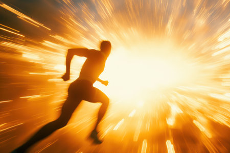 A dynamic silhouette showcases a runner sprinting towards the horizon at sunrise, with golden rays enhancing the energy and movement of the moment.の素材