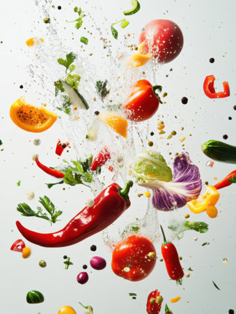 Colorful fresh vegetables and fruits are caught mid-air in an energetic splash, enhanced by suspended water droplets for a dynamic culinary presentation.の素材