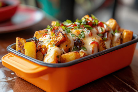 Crispy fries topped with melted cheese sauce and fresh herbs create a mouthwatering dish enjoyed at a lively diner during lunchtime rush.の素材