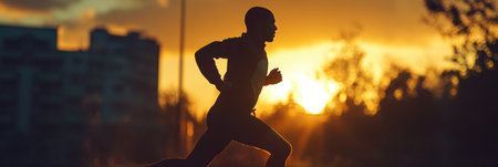 Runner sprints powerfully at sunrise, silhouetted against the vibrant golden rays, embodying a fitness spirit in the tranquil early morning atmosphereの素材