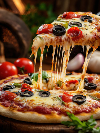 Cheese stretches enticingly from a pizza slice topped with fresh tomatoes, olives, and peppers, set against a lively kitchen background at twilight.の素材