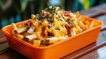 Delicious crispy fries served in an orange container, covered in melted cheese sauce, garnished with fresh herbs, ideal for snacking at any outdoor venue.の素材