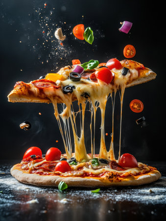 A tempting slice of pizza is lifted, showcasing the gooey cheese stretching beautifully, with vibrant toppings soaring through the air in a lively setting.の素材