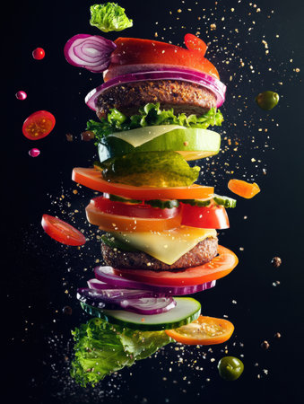 A burger is artistically suspended, flaunting layers of vibrant ingredients in mid-air, creating a visual feast that highlights bold colors and movement.の素材