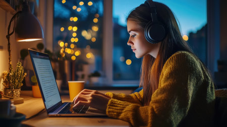 A student focused on studying at a laptop with headphones, warm lighting, and coffee in a cozy evening home setting.の素材
