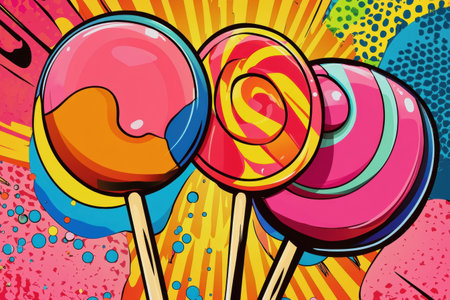 Oversized lollipops in bright colors are featured prominently against a lively, dynamic pop-art background with comic-style outlines and neon shades.の素材