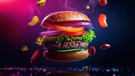 A suspended burger with lettuce, tomato, and onion, shines in neon colors, exemplifying modern food artistry.の素材