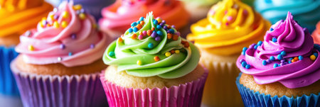 A delightful assortment of colorful cupcakes showcases neon icing and rainbow sprinkles, making them an eye-catching treat ideal for parties or special eventsの素材