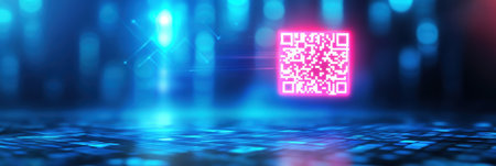 A digital QR code hovers in a vibrant blue-lit environment, representing concepts of financial security and the innovations in technology prevailing todayの素材