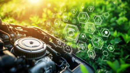 A strong engine contrasts with petrol symbols and green energy icons, showing the shift towards sustainable technology.の素材