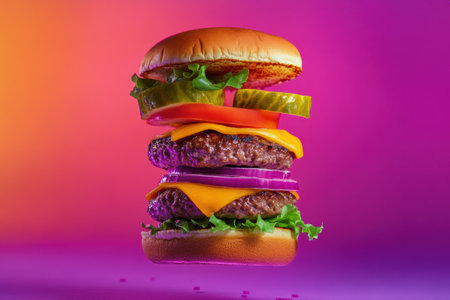 A floating burger showcases vibrant ingredients in neon colors, captured with high-speed photography for an eye-catching effect.の素材
