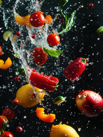 Colorful vegetables and fruits fly through the air, splashing into water with droplets suspended, showing vibrant hues and dynamic movement.の素材