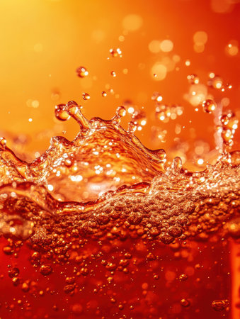 Fizzy soda droplets burst in mid-air, displaying vibrant orange and red hues in a refreshing, dynamic moment.の素材
