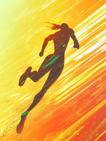A silhouette of a runner sprints at dawn, surrounded by vibrant golden sun rays that inspire motivation and evoke the spirit of fitness.の素材