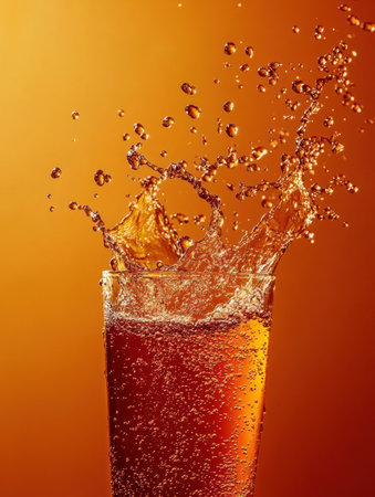 Droplets of fizzy soda splash dramatically in mid-air against a backdrop of deep orange and red, showing ultra HD detail and energy.の素材