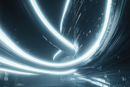 Glowing neon lines curve gracefully through a dark abstract space, creating a striking composition that showcases a blend of elegance and minimalism.の素材