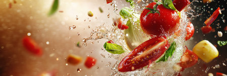 Vibrant fresh vegetables and fruits fly through the air, creating a dynamic splash with water droplets, showing color and energy in a lively kitchen.の素材