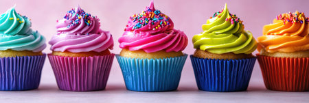 A collection of delicious cupcakes showcases bright neon icing and colorful rainbow sprinkles, creating a delightful bakery treat perfect for any celebration.の素材